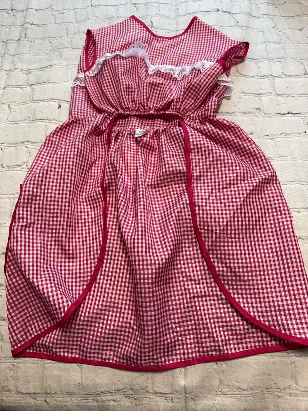 Pet Warrior Dog Custome Red & White Gingham Apron Dress with Lace Trim. Hallowee